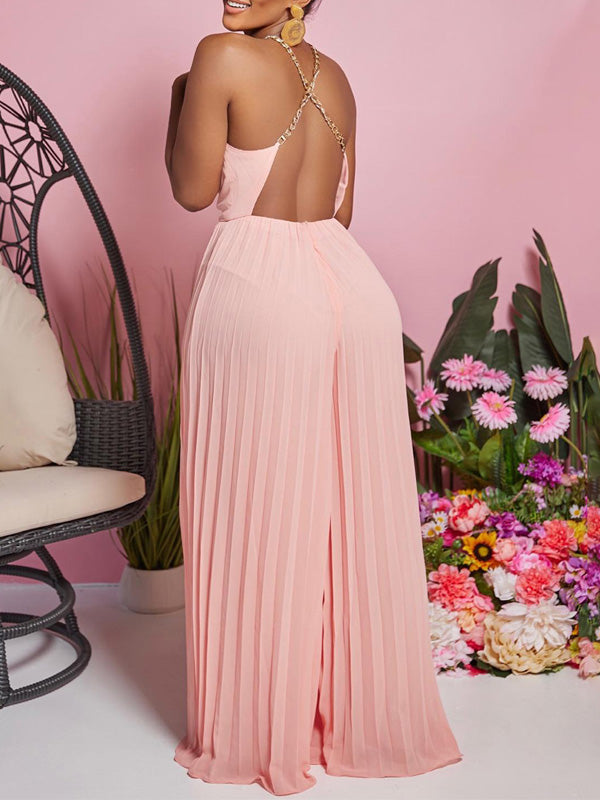 Halter Wide-Leg Pleated Jumpsuit