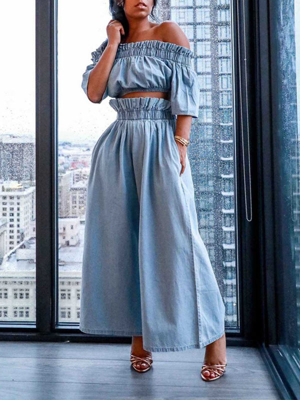 Denim Off-Shoulder Crop Top & Pants Set