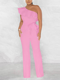 One-Shoulder Ruffle Tied Jumpsuit