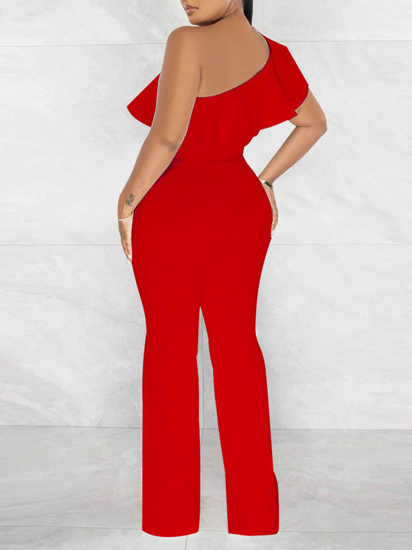 One-Shoulder Ruffle Tied Jumpsuit