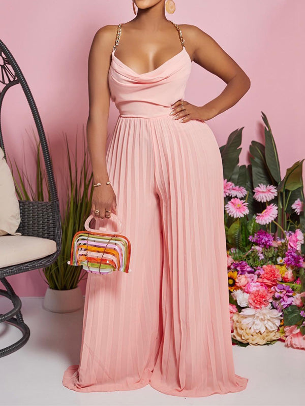 Halter Wide-Leg Pleated Jumpsuit