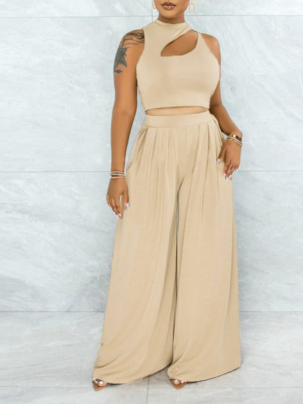 mangocouture Solid Cutout Top & Wide-Leg Pants Set