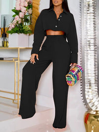 Solid Cropped Shirt & Wide-Leg Pants Set