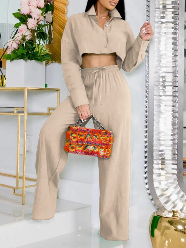 Solid Cropped Shirt & Wide-Leg Pants Set