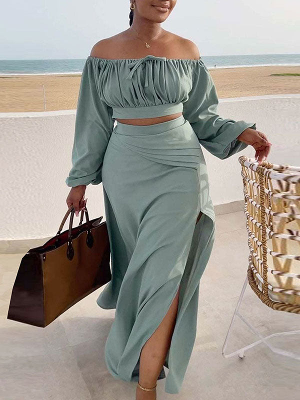 Off-Shoulder Crop Top & Slit Skirt Set