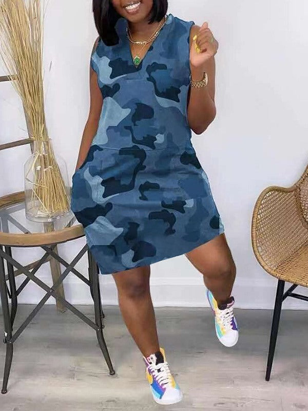 Camo V-Neck Sleeveless Dress