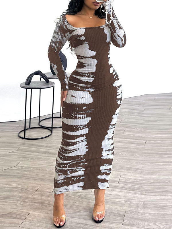 Printed Slit Ribbed Dress