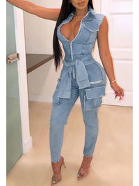 Zip-Front Sleeveless Denim Jumpsuit