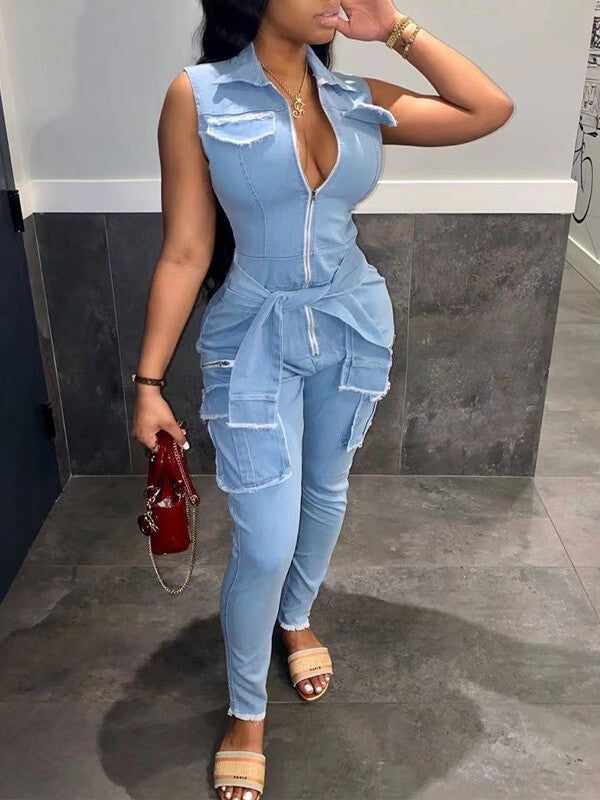 Zip-Front Sleeveless Denim Jumpsuit