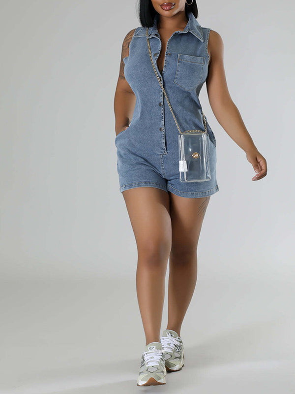 Snap-Front Sleeveless Denim Romper