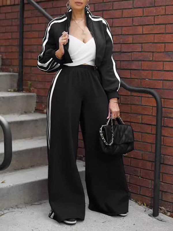 Side Stripe Jacket & Wide-Leg Pants Set