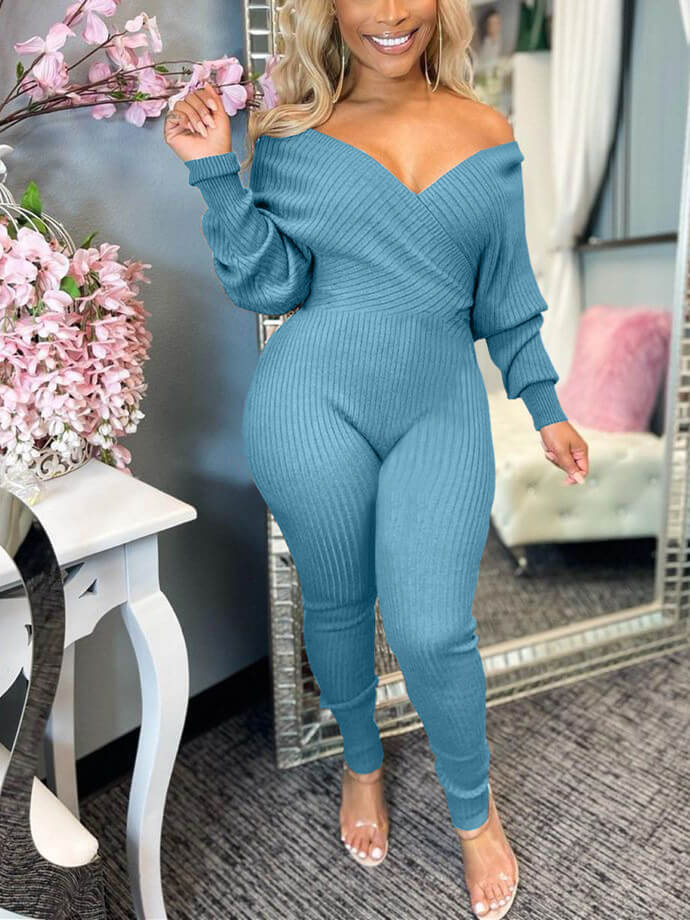 V-Neck Ribbed Jumpsuit--Clearance