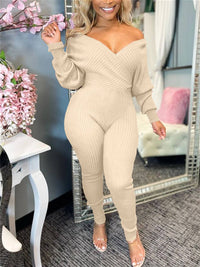 V-Neck Ribbed Jumpsuit--Clearance