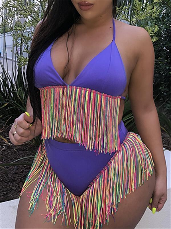 mangocouture Multicolor Fringe Halter Bikini