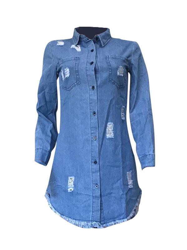 Destroyed Button-Down Denim Shirt Dress