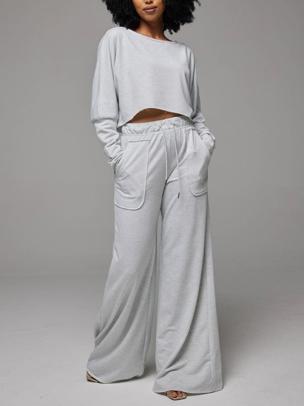 Raw-cut Sweatshirt & Wide-Leg Pants Set