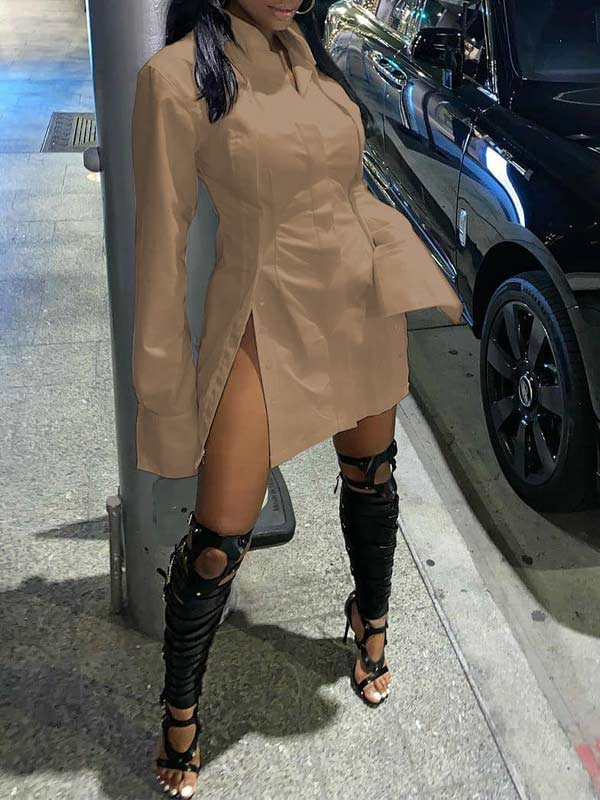 Solid Slit Shirt Dress