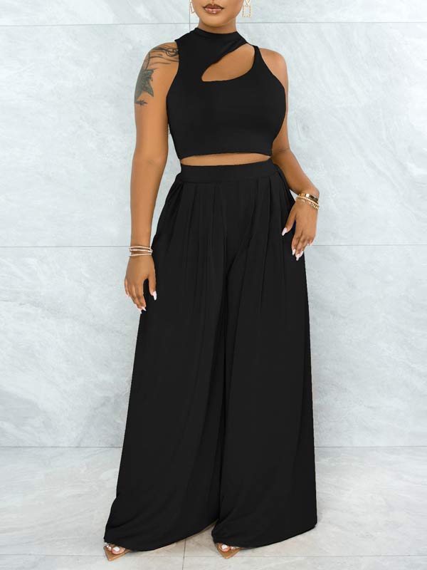 mangocouture Solid Cutout Top & Wide-Leg Pants Set