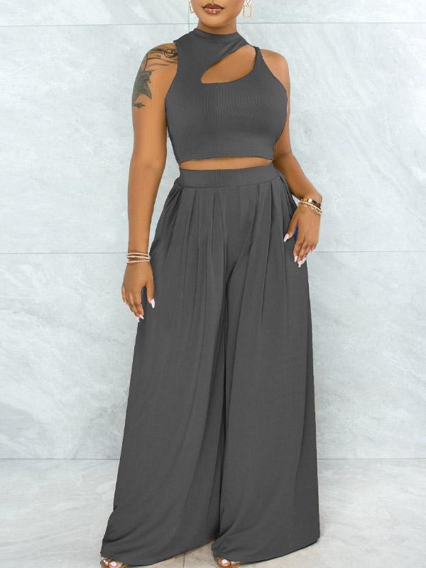 mangocouture Solid Cutout Top & Wide-Leg Pants Set