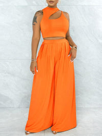 mangocouture Solid Cutout Top & Wide-Leg Pants Set