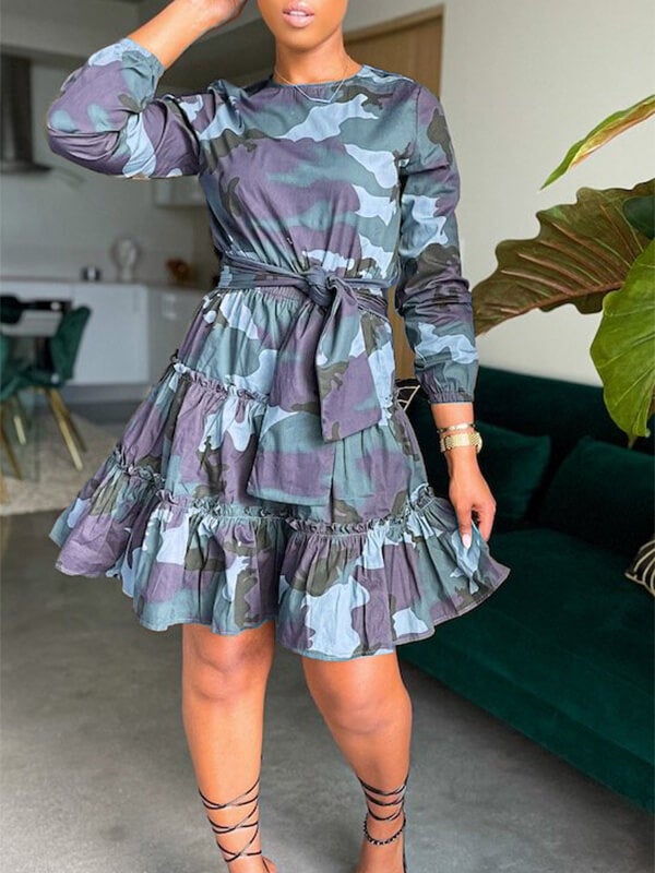 Camo Tied Ruffle Dress