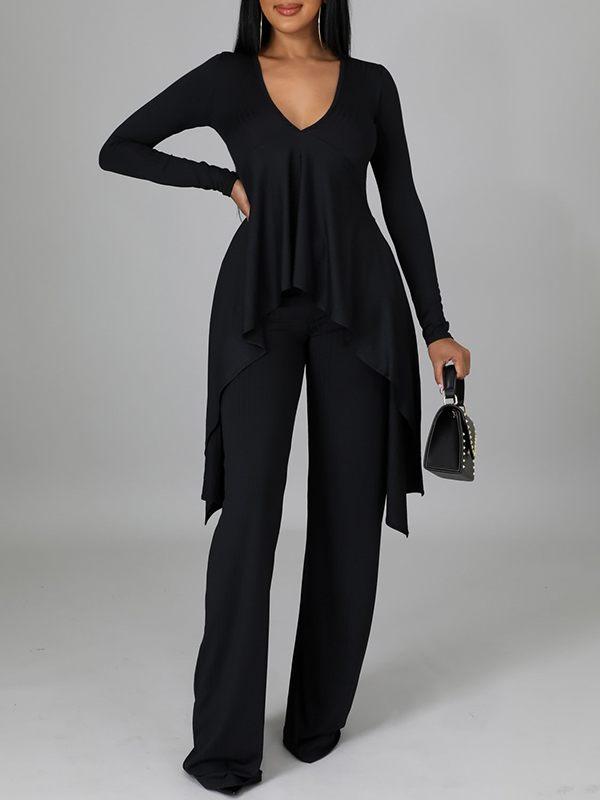 Ribbed Asymmetric Top & Pants Set--Clearance