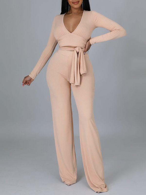 Ribbed Asymmetric Top & Pants Set--Clearance