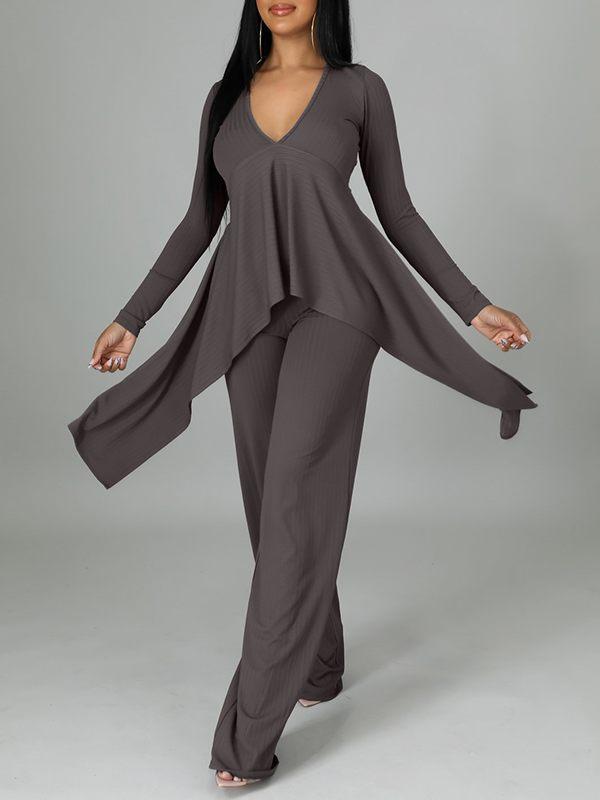 Ribbed Asymmetric Top & Pants Set--Clearance