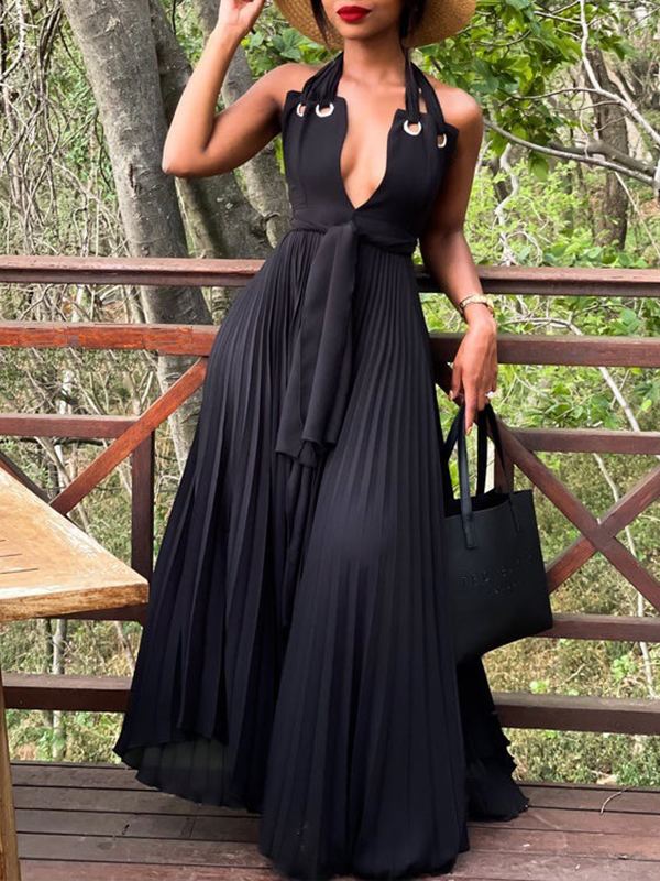 Halter Pleated Maxi Dress--Clearance