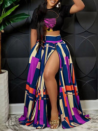 Mangocouture Graphic Crop Top & Colorblock Slit Skirt Set