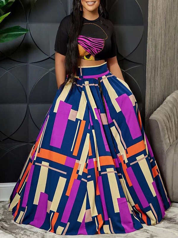 Mangocouture Graphic Crop Top & Colorblock Slit Skirt Set