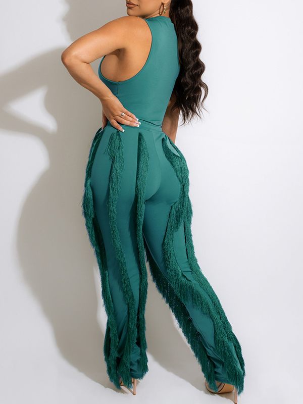 mangocouture Solid Tank Top & Fringe Pants Set