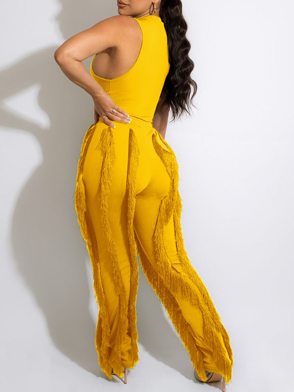 mangocouture Solid Tank Top & Fringe Pants Set