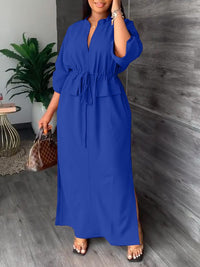 V-Neck Drawstring Slit Dress--Clearance