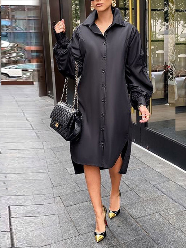 Solid Ruched-Sleeve Shirt Dress