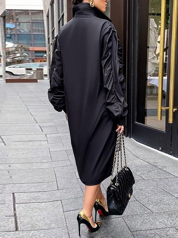 Solid Ruched-Sleeve Shirt Dress