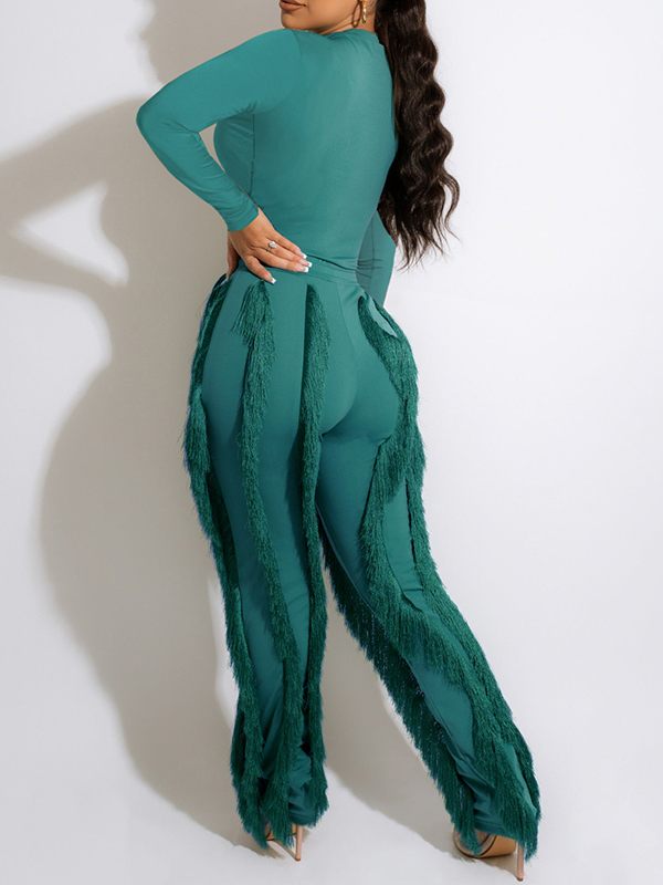 Mangocouture Solid Bodysuit & Fringe Pants Set