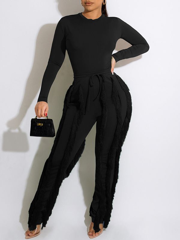 Mangocouture Solid Bodysuit & Fringe Pants Set