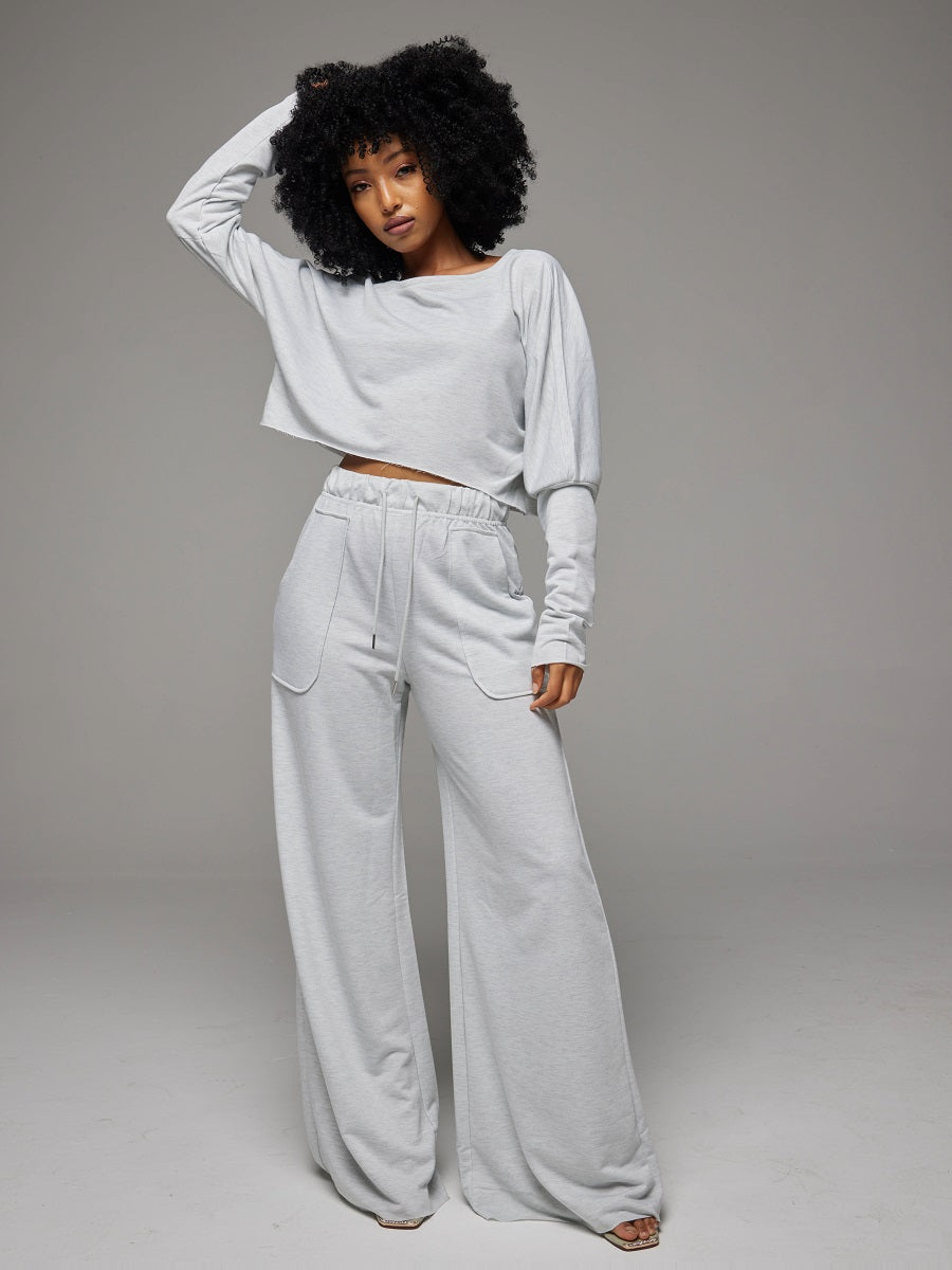 Raw-cut Sweatshirt & Wide-Leg Pants Set