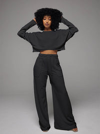 Raw-cut Sweatshirt & Wide-Leg Pants Set