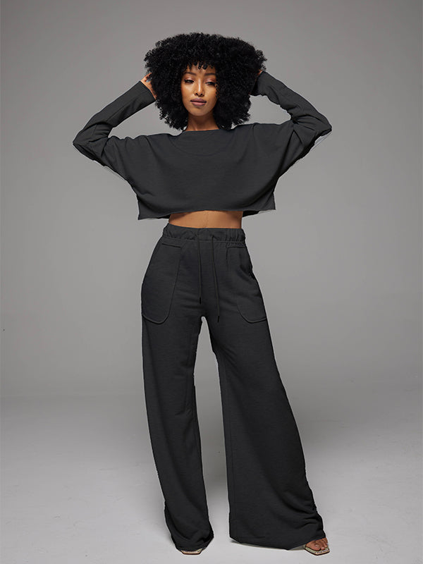 Raw-cut Sweatshirt & Wide-Leg Pants Set