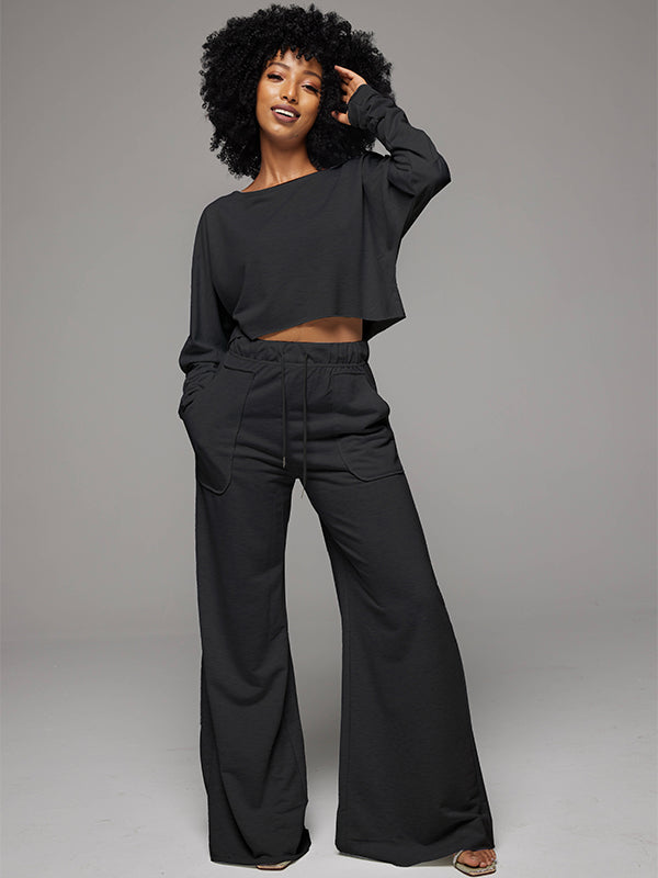 Raw-cut Sweatshirt & Wide-Leg Pants Set