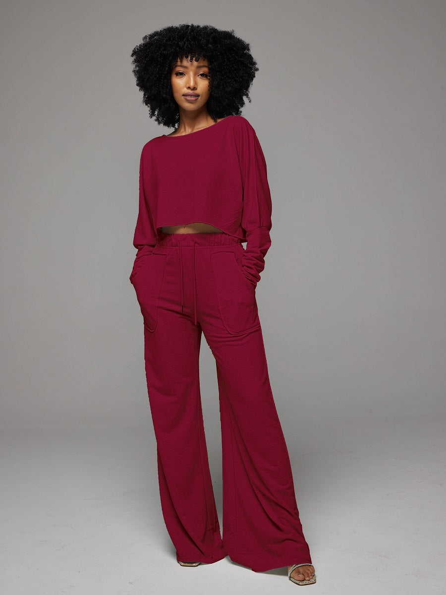 Raw-cut Sweatshirt & Wide-Leg Pants Set