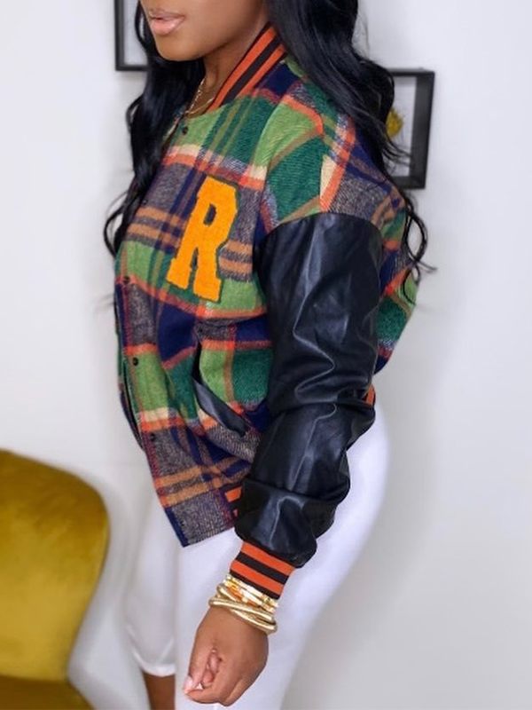 Mangocouture Faux-Leather Combo Plaid Bomber Jacket