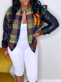 Mangocouture Faux-Leather Combo Plaid Bomber Jacket