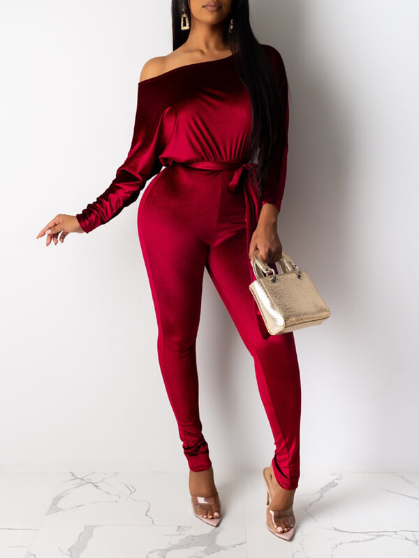 Mangocouture Velvet Boat-Neck Tied Jumpsuit