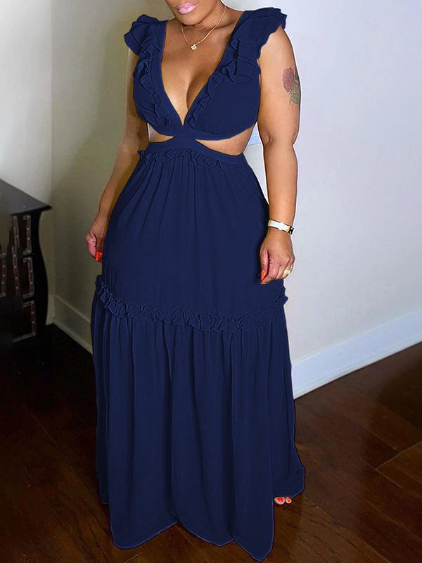 Frilled V-Neck Maxi Dress--Clearance