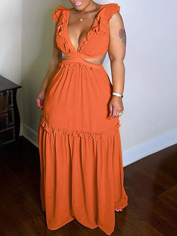 Frilled V-Neck Maxi Dress--Clearance