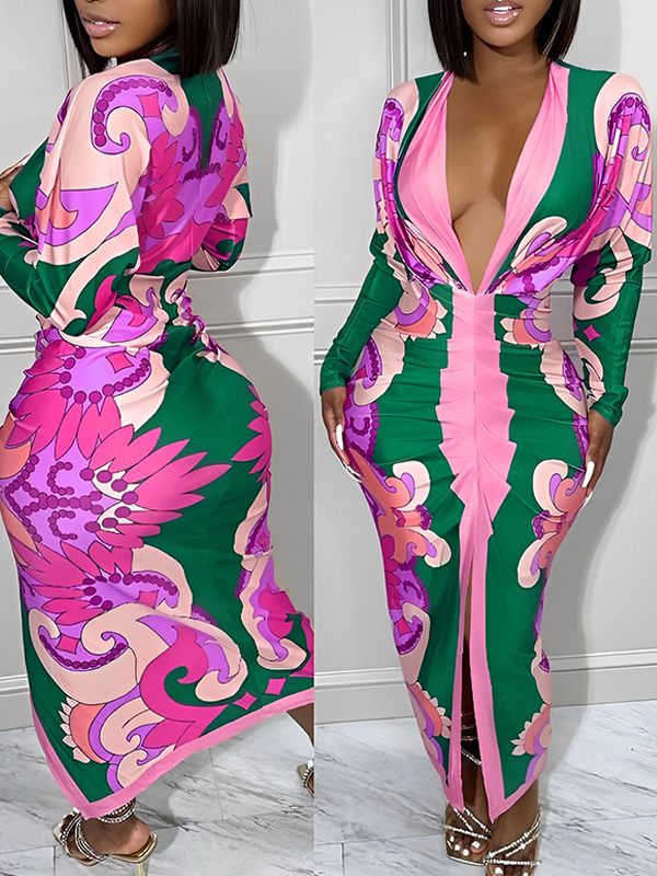 Printed Plunge Ruched Dress