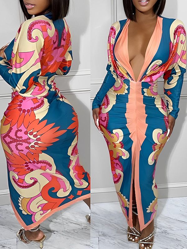 Printed Plunge Ruched Dress